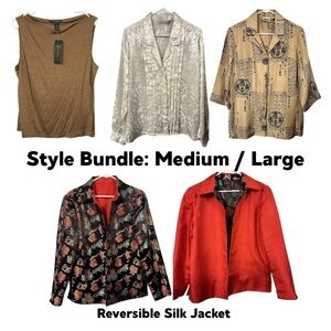 STYLE BUNDLE Women’s Neutral Gold Red Tan Silk Top Jacket Ralph Lauren L XL